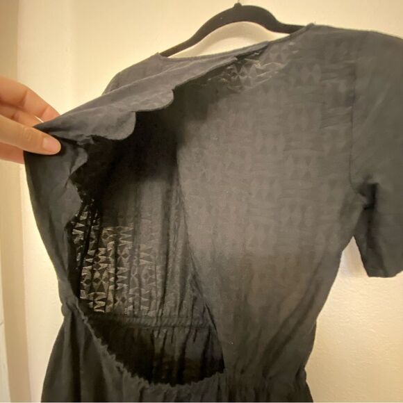 Madewell Black Scenic View Scallop open Back Dress 100% silk short sleeve XS - Picture 7 of 11